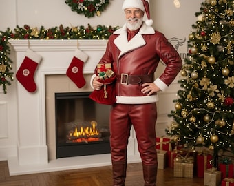 Conjunto de chaqueta y pantalón de Papá Noel de cuero rojo hecho a mano / Traje de piel de oveja auténtica / Cosplay navideño personalizado / Traje de fiesta
