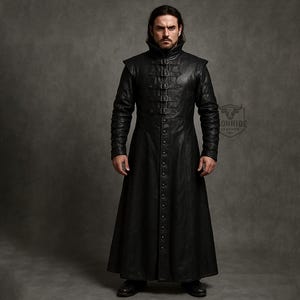Custom Made Black Leather Gothic Long Coat for Men | Buckle Closure Cosplay Trench | Steampunk Vampire Leather Jacket