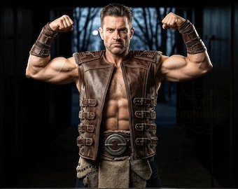 May include: A man flexing his biceps, wearing a brown leather vest with multiple buckles and matching armbands. He has a silver belt buckle and a fur-like loincloth. The background is a dark, blurred interior.