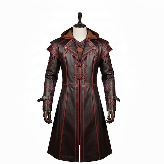 Handmade Mens Hooded Leather Trench Coat Brown Long Leather Coat Viking Medieval Fantasy LARP Cosplay Renaissance Fair Costume Assassin Coat