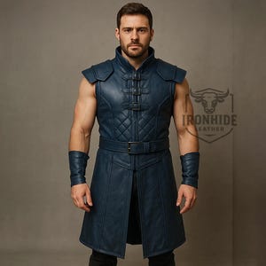 Blue Warrior Vest | Custom Handmade Medieval Cosplay Coat | Sleeveless Renaissance Armor Look | LARP Fantasy Long Tunic for Men