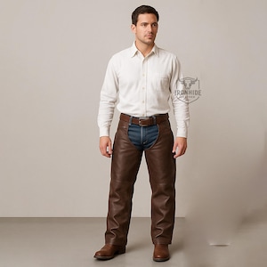 Custom Made Brown Leather Chaps for Men | Horse Riding Leather Chaps | Western Cowboy Workwear