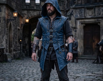 Chaleco de cuero azul para hombre con capucha y hebilla frontal, sin mangas, estilo asesino, con tirantes ajustables, ajuste personalizado, ideal para cosplay.