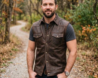 Chaleco de cuero para hombre hecho a mano, piel de vaca marrón envejecida, cierre a presión frontal, chaleco de motociclista, bolsillo en el pecho, chaleco de cuero, ajuste personalizado para hombre