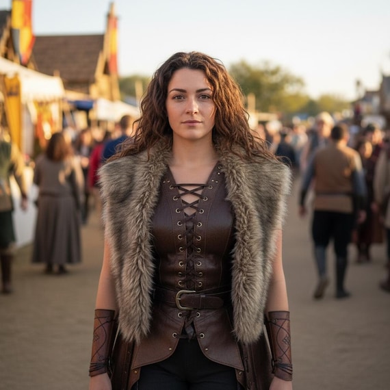 Handmade Womens Leather Vest Lace Up Fur Trim Renaissance Faire Brown Vest Medieval Cosplay Vest Viking Festival Outfit LARP Costume Vest