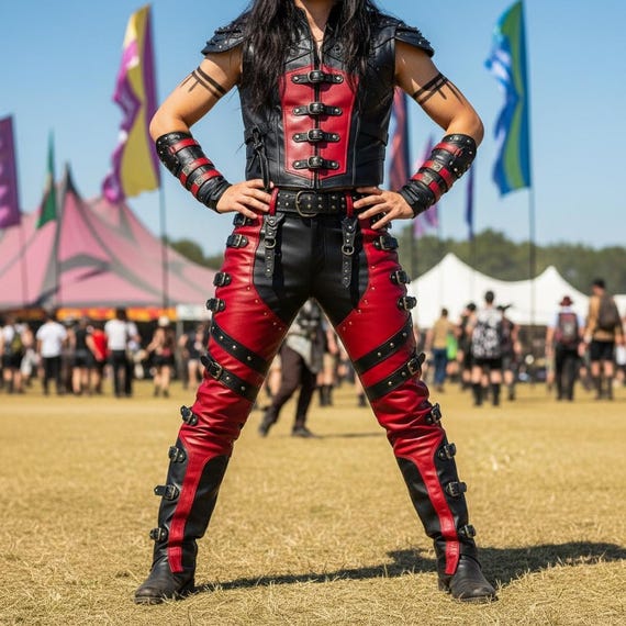 Handmade Men Leather Vest And Pants Set Red Black Studded Armor Medieval LARP Cosplay Ren Faire Gladiator Costume Outfit Cowhide Custom Size