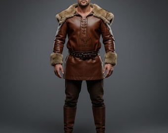 Handmade Brown Leather Fur Trim Coat | Custom Medieval Viking Tunic Jacket | Renaissance Cosplay LARP Outfit