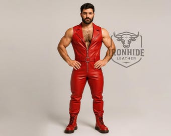 Men’s Red Leather Sleeveless Jumpsuit | Muscle Fit One-Piece with Front Zipper & Belt | Clubwear Cosplay Biker Suit