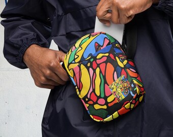 Borsa a tracolla con grafica neurografica astratta, borsa a spalla cosmica colorata, borsa con stampa acrilica