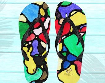 Abstract Art Hand-Painted Flip Flops, Colorful Neurographic Art Unisex Sandals, Dopamine Fashion Beach Slippers, Vibrant Multicolor Shoes