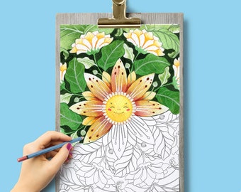 Cute Floral Face Coloring Page - Sunflower Cartoon flower color page for adults digital download - Printable floral pattern DIY template
