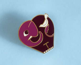 Cute Modern Kawaii Heart Elephant and Bird Friends Enamel Pin - great gift for animal lovers, pin collectors, modern art enthusiasts