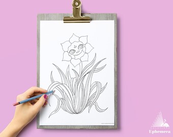 Cute Face Daffodil Flower Coloring Page for adults and kids - Easy detailed floral printable coloring page - cartoon flower instant download