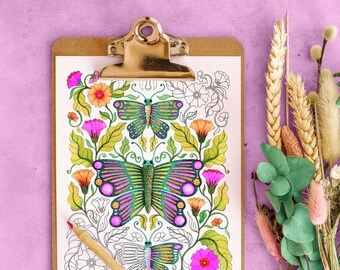 Cute Butterflies Coloring Page - Ornate butterfly and flower color page for adults digital download - Printable garden DIY template