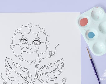 Cute Face Rose Flower Coloring Page for adults and kids - Easy detailed floral printable coloring page - cartoon roses instant download