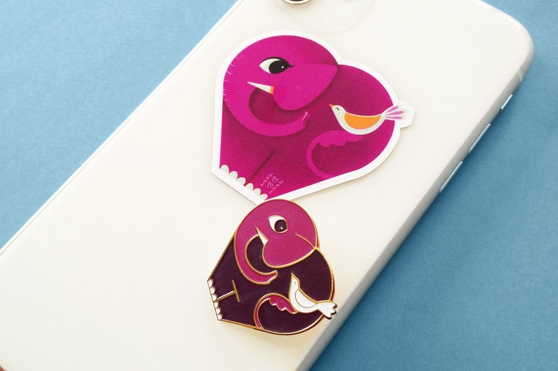 Cute Modern Kawaii Heart Elephant and Bird Friends Enamel Pin great gift for animal lovers, pin collectors, modern art enthusiasts image 7