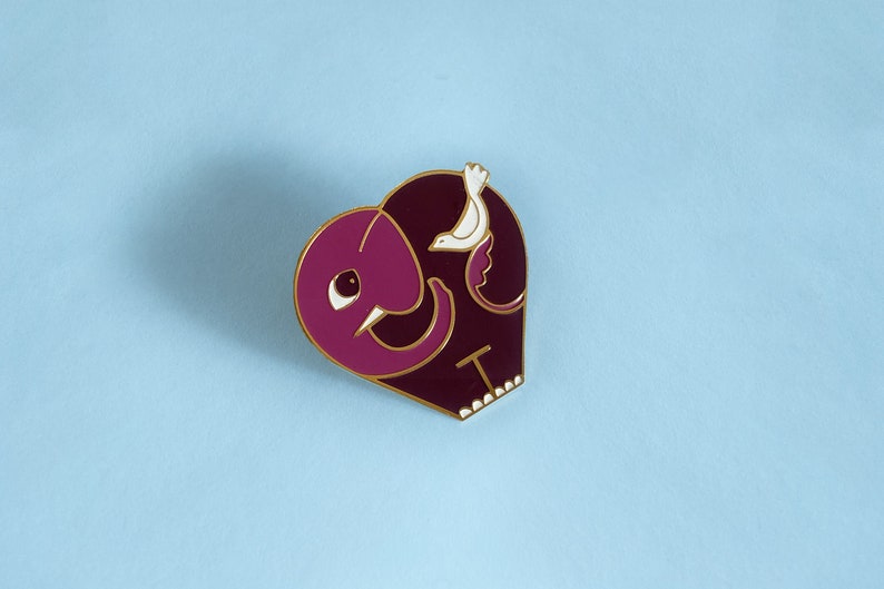 Cute Modern Kawaii Heart Elephant and Bird Friends Enamel Pin great gift for animal lovers, pin collectors, modern art enthusiasts image 1