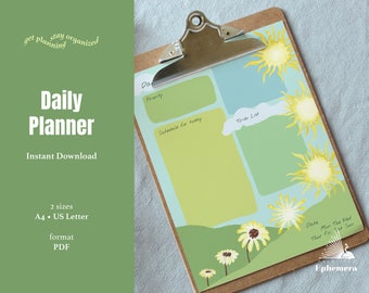 Daisy Field Daily Printable Planner Template, Undated Digital Schedule, illustrated Cute Floral Organizer One Page Template, A4, US Letter