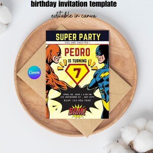 Superhero Birthday Invitation for Kids – Editable Canva Template – Digital Download