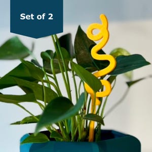 May include: A vibrant yellow plant stake in a decorative, abstract design, inserted into a potted plant with lush green leaves. The pot is teal with a blue camouflage pattern. The text "Set of 2" is in a dark blue box.