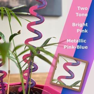 May include: A two-tone, bright pink and metallic pink-blue plant support stake in a spiral shape. The stake is placed in a pink pot with green plants. The image also includes a mirror with the stake's reflection and text that reads "Two Tone, Bright Pink, Metallic Pink-Blue."