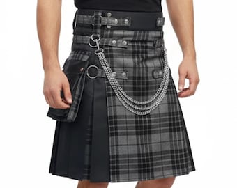 Herren Gothic Black Hybrid Kilt mit Tartan Frontschürze & Falten | 50+ Inner Tartan Optionen | Grössen 72cm – 162cm