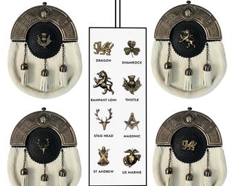 Highland Kilt Sporran para hombre: Cantle celta antiguo tradicional con 3 borlas y correa de cadena / 8 opciones de insignia