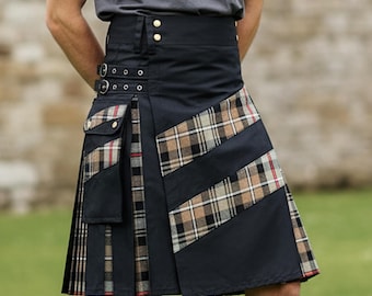 Custom Hybrid Utility Kilt for Men's: Modern Cotton & Tartan Work Kilt with Cross Stripes