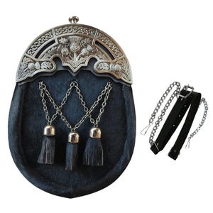 Scottish Black Kilt Sporran Traditional Antique Thistle Design Sporran with 3 Tassels & Chain Belt Included