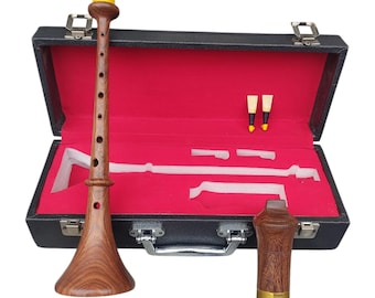 Handmade Rosewood RAUSCHPFEIFE Musical Small Wooden Flute Chanter Medieval German Shawm Instrument with Two Reeds And Carry Box