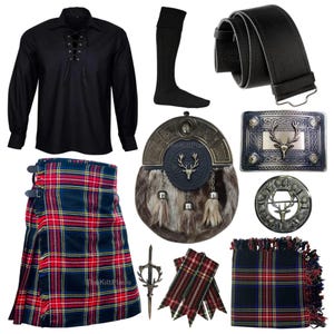 Traditional Scottish Tartan Kilt Outfit for Men 10-Pcs Highland Dress Set with Antique Brass Stage Head Accessories Available in 50+ Tartans