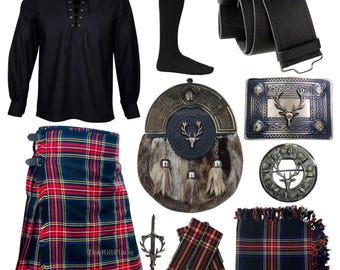 Scottish Men's Tartan Kilt Outfit: 10-Piece Highland Dress Set with Antique Stage Head Accessories