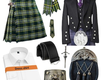 Scottish Men's 9 PCS Kilt Outfit: Handmade Wedding Deal Package Prince Charlie, Kilt & Accessories