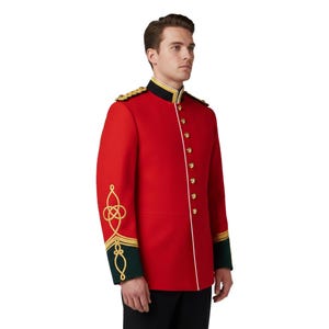 May include: A bright red military-style jacket with gold buttons and trim. The jacket features gold epaulets, a black collar, and gold embroidery on the sleeves. The cuffs are dark green with gold accents. The jacket is worn over a black shirt.