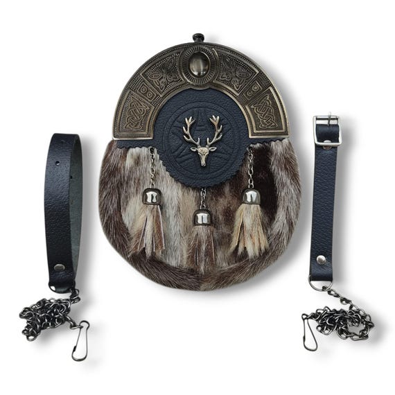 Men's Scottish Kilt Sporran: Antique Stage Head Design with 3 Fur Tassels | Highland Accessory