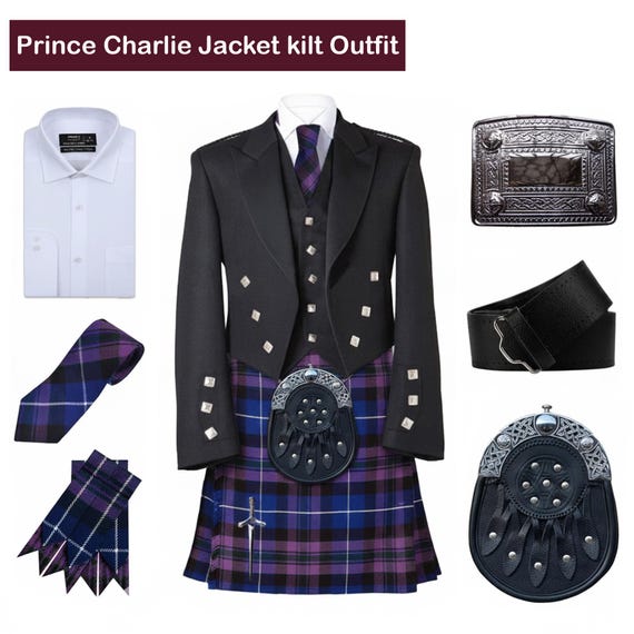 Scottish 10 Pieces Prince Charlie Jacket Kilt Outfit Highland Wedding Set in 50+ Tartans
