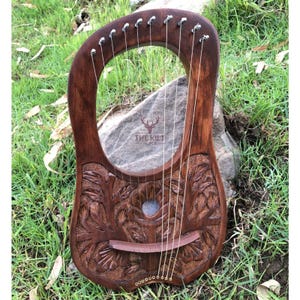 Handmade New Flower Rosewood Lyre Harp – 10 Metal Strings Medieval Instrument with Extra Free Strings, Tuning Key & Carry Bag