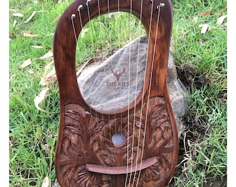Handmade New Flower Rosewood Lyre Harp – 10 Metal Strings Medieval Instrument with Extra Free Strings, Tuning Key & Carry Bag