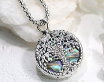 Personalized Tree of Life Urn Necklace: 925 Sterling Silver Abalone Shell Cremation Jewelry for Ashes Custom Engraving Gift for Her