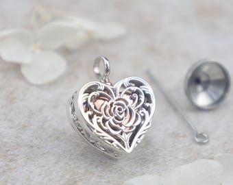 Heart Rose Urn Necklace: 925 Sterling Silver Rose Gold Cremation Pendant for Ashes Keepsake Memorial Jewelry Gift for Loved One