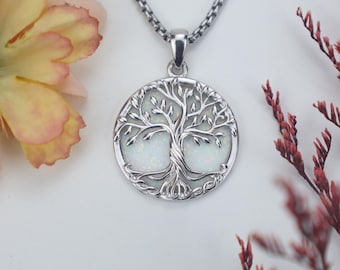 Livets träd halsband, 925 sterlingsilver opal keltisk knut hänge, mors dag present till mamma, familjekärlekssmycken