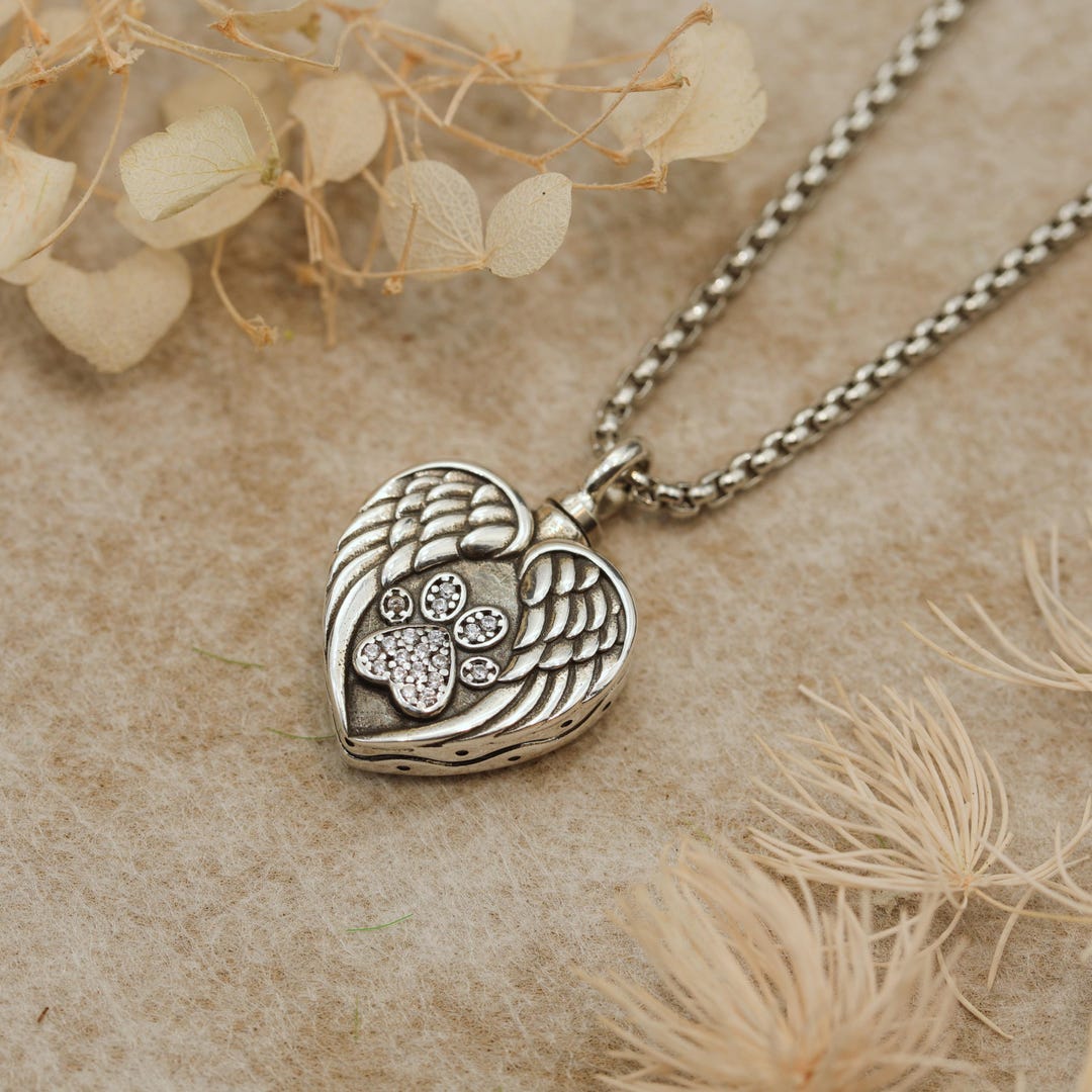 Pet Ashes Urn Necklace, Angel Wings Paw Print Memorial Jewelry, Pet ...