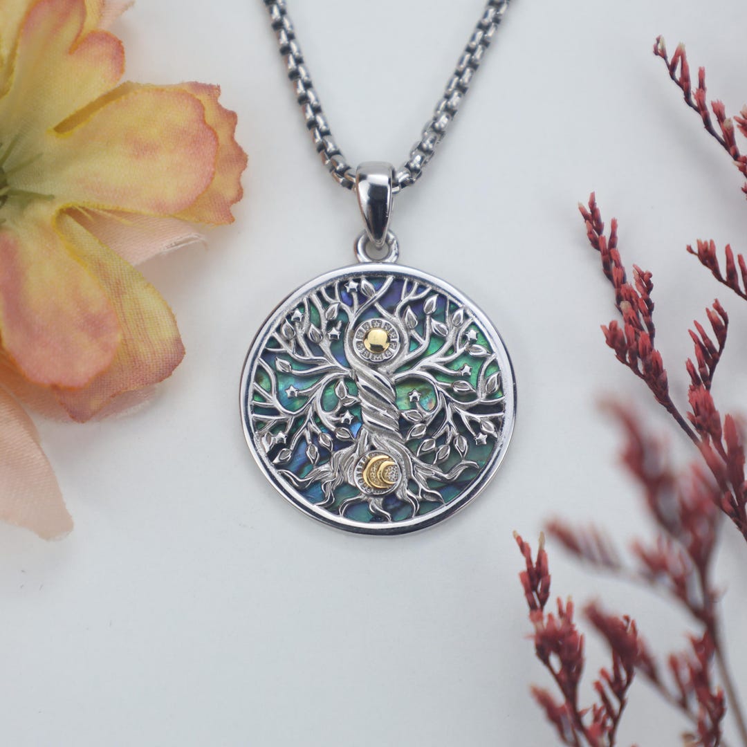 Collana circolare d'argento con albero della va e nodo celtico per le ceneri, a forma di conchiglia di Abalone