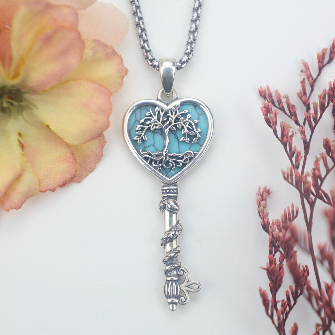 Tree of Life Key Necklace Sterling Silver Heart Pendant Gift for Mom ...