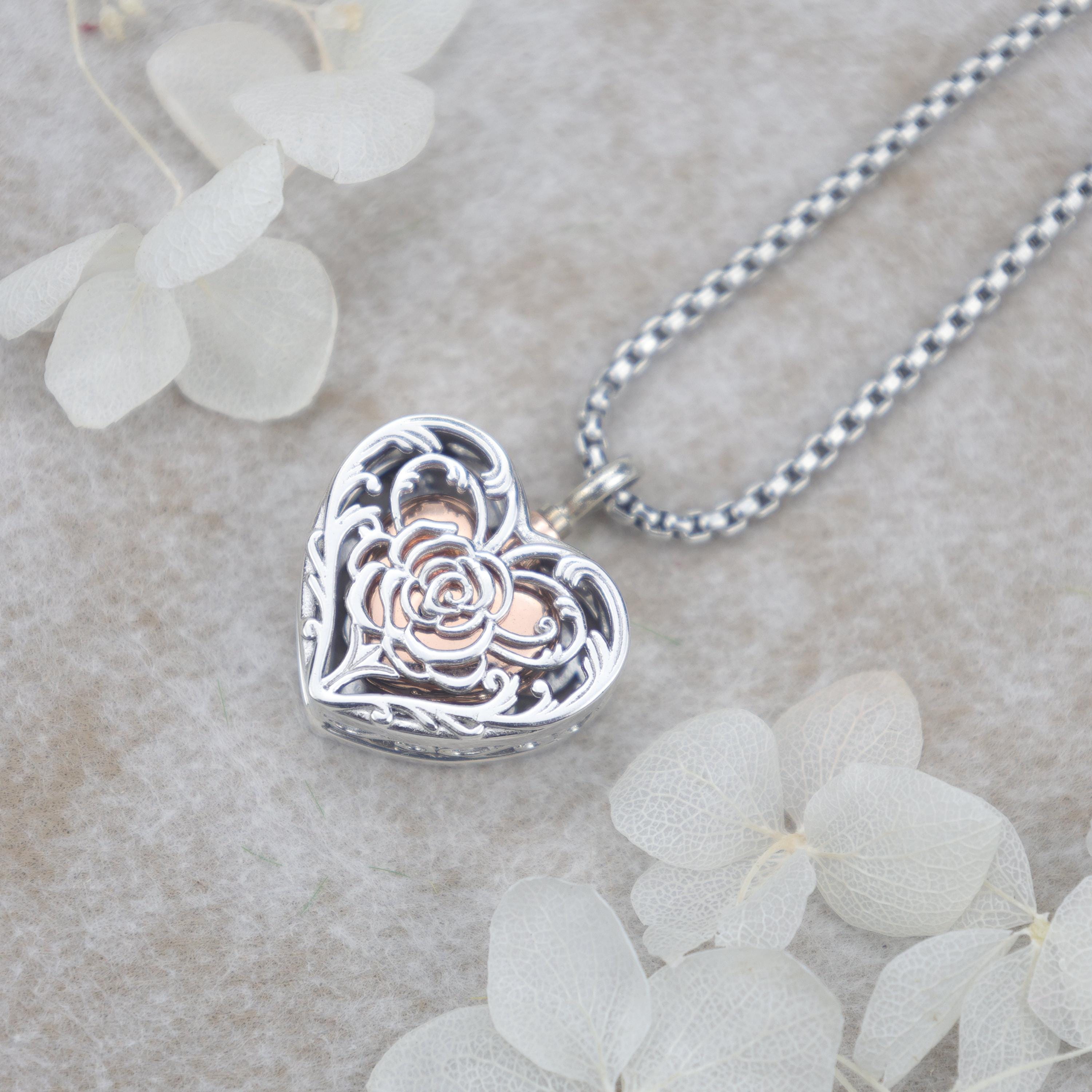 Cremation Urn Necklace - Memorial Locket Pendant For Ashes, Stainless Steel Heart With Rhinestones, 24" Snake Chain Included