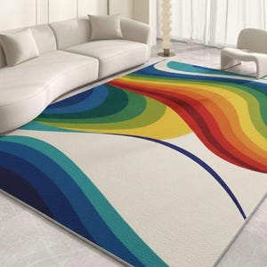 Tappeto in lana trapuntato a mano, motivo astratto arcobaleno, per soggiorno e camera da letto, moderno, colorato, con disegno ondulato, grande 8x10, decorazione di metà secolo.