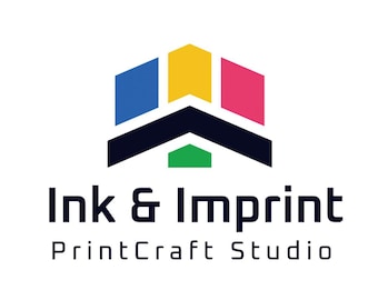 May include: A logo for Ink & Imprint PrintCraft Studio. The logo features a geometric design with blue, yellow, and pink shapes above a green shape. The company name is in a bold, dark blue font, with "PrintCraft Studio" below.
