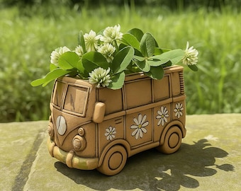 Retro Ceramic Bus Planter: Hippie Van Flower Pot with Daisy Design