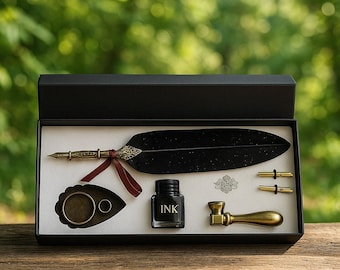 Antique-Style Feather Quill & Brass Dip Pen Set