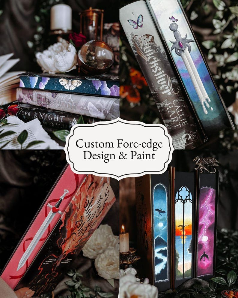 May include: A collection of custom-painted books with unique fore-edge designs. The books feature illustrations of butterflies, swords, and fantasy landscapes. The text "Custom Fore-edge Design & Paint" is displayed.